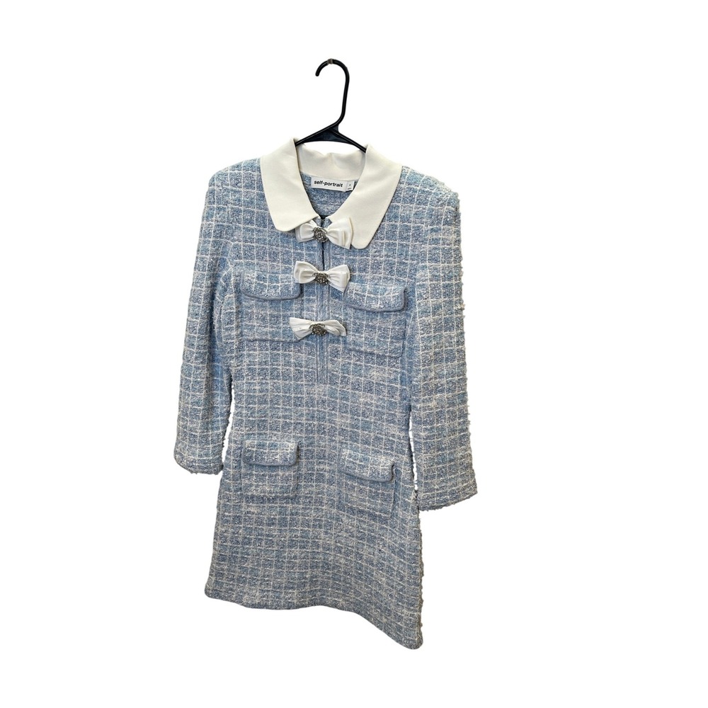 Self-Portrait Blue Boucle Knit Mini Dress White Bow Crystal Button Womens Size M